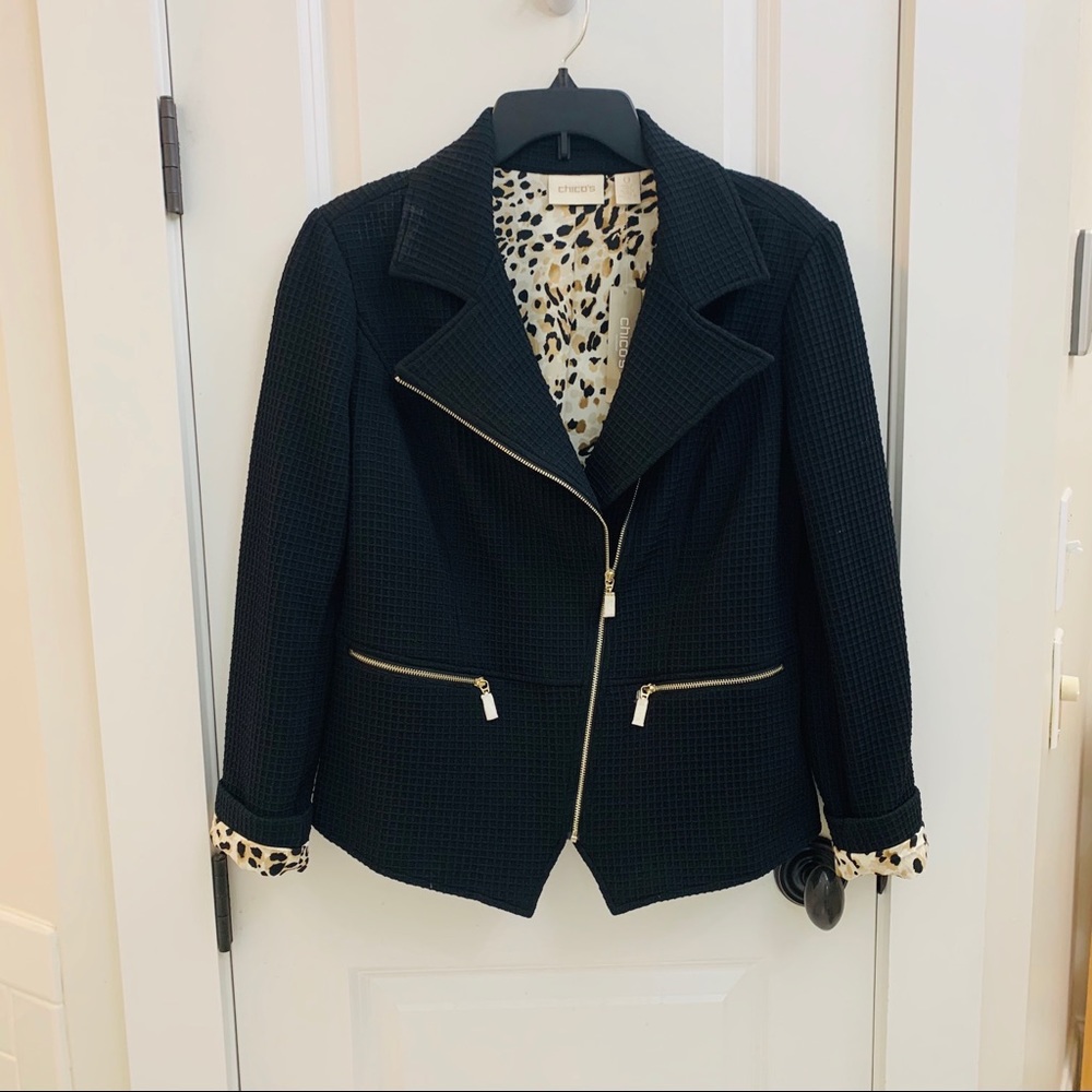 Chico's black knit jacket with print lining.